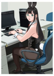  alternate_costume animal_ears black_hair black_leotard black_pantyhose border chair commentary computer computer_keyboard desk fake_animal_ears female glasses green_eyes high_heels indoors kantai_collection leotard long_hair looking_at_viewer monitor office_chair ojipon ooyodo_(kancolle) pantyhose parted_lips playboy_bunny rabbit_ears rabbit_tail solo swivel_chair symbol-only_commentary tail white_border wrist_cuffs 