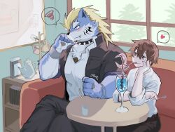  anthro beverage blonde_hair blue_body blue_fur blush brown_hair canid canine canis collar drinking_straw duo embarrassed fenrir_(tas) fur hair heart_symbol hi_res hoshiyama34 human lifewonders male male/male mammal protagonist_(tas) romantic romantic_couple silly_straw smug spiked_collar spikes tokyo_afterschool_summoners tsundere twink_protagonist_(tas) wolf 