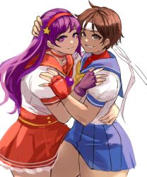  6maker absurdres asamiya_athena blue_sailor_collar breasts brown_eyes brown_hair capcom_vs_snk fingerless_gloves gloves hair_ornament hairband headband highres jewelry kasugano_sakura large_breasts long_hair looking_at_viewer medium_breasts multiple_girls open_mouth purple_eyes purple_hair sailor_collar school_uniform serafuku short_hair skirt smile snk star_(symbol) star_hair_ornament street_fighter street_fighter_zero_(series) the_king_of_fighters the_king_of_fighters_xiv thighs white_headband yuri 