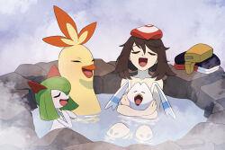  bathing bird brown_hair closed_eyes colored_skin combusken fanny_pack female green_hair highres holding holding_pokemon horns hotarubi_(bugkhdu) kirlia may_(pokemon) onsen open_mouth pokemon pokemon_(creature) pokemon_rse sidelocks smile steam unworn_clothes water white_skin wingull 