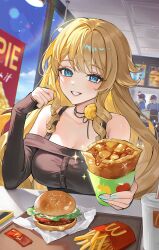  2boys absurdres alternate_costume bare_shoulders blonde_hair blue_eyes burger chips_(food) drill_hair female flower food genshin_impact highres holding holding_food long_sleeves looking_at_viewer melus_(genshin_impact) multiple_boys navia_(genshin_impact) neck_flower off_shoulder outdoors parted_lips potato_chips rity silver_(genshin_impact) sitting smile solo_focus yellow_flower 