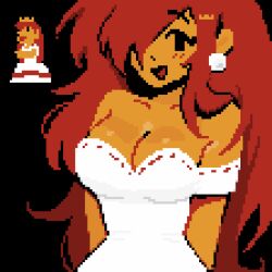  black_background blush_stickers breasts cleavage close-up clothing_cutout dress earrings female hair_over_one_eye jewelry long_hair mario_(series) medium_breasts megrocks meme open_mouth pixel_art princess_peach princess_toadstool_redraw_(meme) smile super_mario_bros._1 tan white_dress 