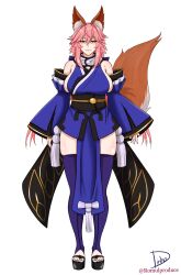  absurdres aged_up animal_ear_fluff animal_ears blue_kimono blue_thighhighs breasts detached_sleeves fate/extra fate/grand_order fate_(series) female fox_ears fox_girl fox_tail full_body hair_between_eyes highres japanese_clothes kimono large_breasts long_hair mature_male obi pelvic_curtain pink_hair romulproduce sash short_kimono smile solo standing tail tamamo_(fate) tamamo_no_mae_(fate/extra) thighhighs very_long_hair yellow_eyes 