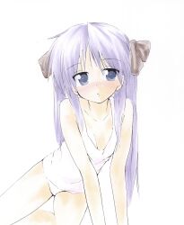  bare_shoulders blue_eyes blush breasts brown_ribbon chestnut_mouth cleavage collarbone commentary female hair_ribbon highres hiiragi_kagami leaning_forward long_hair lucky_star panties parted_lips purple_hair ribbon shiki_59 simple_background solo symbol-only_commentary tank_top twintails underwear white_background white_panties white_tank_top 