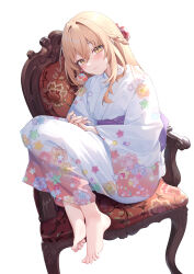  absurdres alternate_costume alternate_hairstyle barefoot blonde_hair blush braid closed_mouth commentary_request feet female genshin_impact hair_between_eyes highres japanese_clothes kimono kuroida long_hair looking_at_viewer on_chair purple_sash sash sidelocks sitting smile solo toes white_kimono yellow_eyes yoimiya_(genshin_impact) 