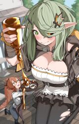  2girls absurdres apron black_pants black_pantyhose black_sclera black_skirt bottle brown_apron brown_hair colored_sclera commission cup ert_raitsui giant giantess girls&#039;_frontline green_eyes green_hair hair_ornament heterochromia high_ponytail highres holding holding_bottle holding_tray long_hair long_sleeves maple_syrup mismatched_sclera multiple_girls open_mouth pants pantyhose pointy_ears second-party_source seiza shirt sitting skeb_commission skirt smile springfield_(girls&#039;_frontline) tac-50_(girls&#039;_frontline) torn_clothes torn_pantyhose tray white_shirt yellow_eyes 