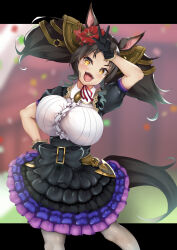  +_+ animal_ears black_bow black_dress black_gloves black_hair blurry blurry_background bow breasts commentary_request confetti cowboy_shot dress ear_ornament female flower gloves hair_flower hair_ornament hand_on_own_hip highres horse_ears horse_girl horse_tail huge_breasts long_hair looking_at_viewer marvelous_sunday_(umamusume) medium_breasts oerba_yun_fang open_mouth parted_bangs puffy_short_sleeves puffy_sleeves short_sleeves smile solo tail teeth tsukareme twintails umamusume upper_teeth_only w yellow_eyes 