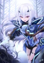  armor armored_dress blue_armor blue_dress blue_thighhighs breastplate breasts dress fate/grand_order fate_(series) faulds female forked_eyebrows fuugami highres long_hair looking_at_viewer melusine_(fate) melusine_(first_ascension)_(fate) open_mouth pauldrons short_dress shoulder_armor sidelocks small_breasts smile solo sword thighhighs thighs tree weapon white_hair yellow_eyes 