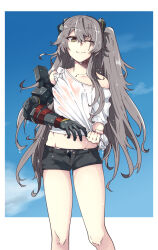  black_shorts blue_sky brown_hair female girls&#039;_frontline highres long_hair looking_at_viewer mechanical_arms midriff nakiusagi navel_peek one_eye_closed one_side_up scar scar_across_eye scar_on_face shirt short_shorts shorts single_mechanical_arm sky smile ump45_(girls&#039;_frontline) ump45_(mod3)_(girls&#039;_frontline) very_long_hair water_drop wet wet_clothes wet_shirt white_shirt wringing_clothes yellow_eyes 