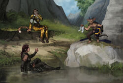  ambiguous_gender angry annoyed anthro breton clothed clothing digital_media_(artwork) fan_character felid female footwear gift grass group hair hi_res horn human khajiit lake laugh lips mammal microsoft mud mud_covered noble pantherine plant rock scenery shoes stealing tail techiesxc teeth the_elder_scrolls tiger tongue tree trio water 