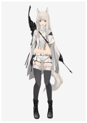  :o absurdres animal_ears ankle_boots arknights arm_at_side arrow_(projectile) black_footwear black_gloves black_thighhighs boots bow_(weapon) clothes_writing commentary_request cross-laced_footwear eyes_visible_through_hair female full_body gloves grey_background grey_hair grey_tail groin high_collar highres holding holding_arrow jacket lace-up_boots long_hair long_sleeves looking_at_viewer open_mouth partial_commentary platinum_(arknights) shorts sidelocks simple_background solo standing sutekina_awa tail thighhighs weapon white_jacket white_shorts yellow_eyes zettai_ryouiki 