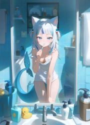  ai-generated alternate_costume animal_ears bathroom blue_eyes blue_hair blunt_bangs blush breasts brushing_teeth cat_ears commentary cowboy_shot day english_commentary faucet female fins fish_tail gawr_gura grey_hair hair_ornament highres holding holding_toothbrush hololive hololive_english indoors kawaii_roid kemonomimi_mode long_hair looking_at_viewer multicolored_hair no_pants rubber_duck shark_girl shark_hair_ornament shark_tail sidelocks single_off_shoulder small_breasts solo standing streaked_hair sunlight tail tank_top tile_floor tile_wall tiles toothbrush two_side_up virtual_youtuber white_tank_top 