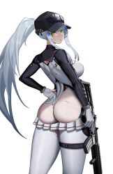  ass assault_rifle black_hat breasts cero_(last2stage) female from_behind girls&#039;_frontline girls&#039;_frontline_2:_exilium gloves green_eyes gun h&amp;k_hk416 hat highres hk416_(girls&#039;_frontline) holding holding_gun holding_weapon large_breasts leotard looking_at_viewer looking_back official_alternate_costume rifle simple_background solo thighs weapon white_background white_gloves 