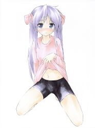  black_shorts blue_eyes blush breasts clothes_lift female full_body furrowed_brow hair_ribbon highres hiiragi_kagami kneeling lifting_own_clothes long_hair long_sleeves looking_at_viewer lucky_star navel parted_lips pink_ribbon pink_shirt purple_hair ribbon shiki_59 shirt shirt_lift shorts simple_background solo stomach twintails white_background 