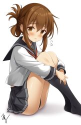  anchor_symbol black_panties black_skirt black_socks brown_eyes brown_hair female folded_ponytail from_side highres inazuma_(kancolle) kantai_collection kneehighs long_hair looking_at_viewer looking_to_the_side neckerchief panties pantyshot pleated_skirt red_neckerchief school_uniform serafuku sidelocks simple_background sitting skirt socks solo takuma_(takumo7121) underwear white_background 