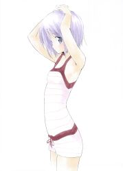  arms_up bare_arms blue_eyes blush breasts commentary cowboy_shot female hands_on_own_head highres hiiragi_tsukasa looking_to_the_side lucky_star profile purple_hair shiki_59 shirt short_hair shorts simple_background small_breasts solo striped_clothes striped_shirt striped_shorts symbol-only_commentary tank_top white_background white_shorts white_tank_top 