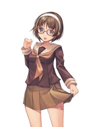  absurdres bespectacled brooklyn brown_hair brown_sailor_collar brown_shirt brown_skirt cosplay cowboy_shot female glasses hairband highres kantai_collection mikuma_(kancolle) mikuma_(kancolle)_(cosplay) mikuma_kai_ni_(kancolle) mikuma_kai_ni_(kancolle)_(cosplay) natori_(kancolle) neckerchief orange_neckerchief pleated_skirt sailor_collar sailor_shirt school_uniform serafuku shirt short_hair simple_background skirt skirt_hold solo white_background white_hairband yashin_(yasinz) 