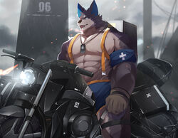  abs anthro armband backpack black_nose blue_eyes bottomwear canid canine canis cigarette clothed clothing cloud cloudy_(disambiguation) cute_fangs detailed_background dog_tags driving ear_piercing ear_ring fur gloves glowing glowing_eyes grey_body grey_fur handwear head_tuft hi_res japanese_text kemono looking_at_viewer male mammal motorcycle mouth_hold multicolored_body multicolored_fur muscular muscular_anthro muscular_male neck_tuft nekojita object_in_mouth open_mouth outside pecs piercing raining ring_piercing shorts sky smoking solo standing text tongue topless tuft two_tone_body two_tone_fur vehicle white_body white_fur wolf wolf_(nekojita) 