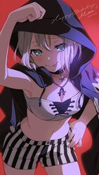  :q absurdres aoba_moca arm_up armpits bandeau bang_dream! black_choker black_jacket blue_eyes breasts buttons character_name choker cleavage closed_mouth collarbone commentary cowboy_shot cross-laced_clothes dated drawstring female gradient_background grey_hair hair_between_eyes hand_on_own_head hand_on_own_hip happy_birthday highres hood hood_up hooded_jacket jacket jacket_on_shoulders jewelry light_blush looking_at_viewer medium_breasts navel necklace nobusawa_osamu official_alternate_costume pendant pendant_choker pocket raised_eyebrows red_background shade short_hair short_shorts shorts solo standing stomach striped_clothes striped_shorts tongue tongue_out white_bandeau 