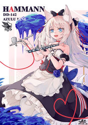  :d absurdres airbrush animal_ears apron aqua_eyes azur_lane bare_shoulders bow cat_ears character_name choker collarbone commentary_request detached_sleeves eagle_union_(emblem) female hair_ribbon hairband hairbow hammann_(azur_lane) hammann_(destroyer) hammann_(retrofit)_(azur_lane) highres holding liwendala long_hair looking_at_viewer maid_apron military military_vehicle model_kit open_mouth ponytail ribbon ship sidelocks signature smile solo spray_paint typo vehicle_and_personification warship watercraft white_hair wrist_cuffs 