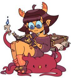  2022 ahoge alpha_channel brown_hair candle circle_glasses clothing demon discount-supervillain eyewear flip_flops footwear fur glasses hair horn horned_humanoid humanoid nerd not_furry occult orange_body orange_fur sandals sitting sitting_on_another studying tentacle 