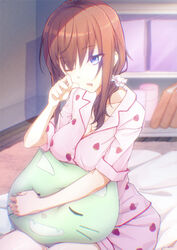  absurdres blue_eyes bookshelf breasts brown_hair cleavage drooling female hair_ornament hair_scrunchie highres long_hair looking_at_viewer medium_breasts original pajamas scrunchie shichiroku_(pixiv_25029782) solo waking_up wooden_floor 