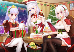  3girls absurdres alternate_costume azur_lane belfast_(azur_lane) bell bent_over bird black_thighhighs blue_eyes blunt_bangs bow bowtie box braid breasts cake capelet chair chick choker christmas christmas_cake christmas_ornaments christmas_tree cleavage dido_(azur_lane) eating food gift gift_box hair_between_eyes hairband hat highres long_hair manjuu_(azur_lane) merry_christmas multiple_girls neck_bell orange_eyes pantyhose plate red_eyes ribbon_choker santa_hat short_hair sidelocks single_braid sirius_(azur_lane) sitting snowing table thighhighs underboob w-verne white_hair white_pantyhose window zettai_ryouiki 