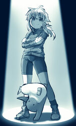  &gt;:) animal bike_shorts bird blush closed_mouth commentary_request female hair_between_eyes handstand hijikata-san_(m.m) jacket koshirae_tsurugi_(m.m) long_hair long_sleeves low_ponytail m.m monochrome original penguin ponytail shoes sleeves_past_wrists smile socks standing track_jacket v-shaped_eyebrows 