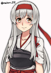  brown_eyes female hakama hakama_short_skirt hakama_skirt headband highres japanese_clothes kantai_collection long_hair looking_at_viewer maakun_(makun_dx) muneate one-hour_drawing_challenge red_hakama red_headband shoukaku_(kancolle) shoukaku_kai_ni_(kancolle) simple_background skirt solo upper_body white_background white_hair 