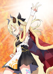  apron arm_up armpit_peek black_dress black_ribbon black_wings blonde_hair blush breasts charizard_pose checkered_cloak cloak closed_eyes closed_mouth commentary_request cosplay crossed_bandaids dress female frilled_apron frills fur-trimmed_cloak fur_trim hair_between_eyes hair_ribbon horns indie_virtual_youtuber leon_(pokemon) leon_(pokemon)_(cosplay) long_hair low_wings mauve nivr_(vtuber) pleated_dress pointy_ears pokemon pokemon_(game) red_cloak ribbon small_breasts solo two_side_up virtual_youtuber w white_apron wings wrist_cuffs 