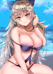  akuakuran azur_lane bikini blurry blurry_background bow breasts cleavage clothing_cutout commentary_request female flower grey_eyes grey_hair hair_flower hair_ornament hairbow large_breasts linked_bikini long_hair looking_at_viewer monokini navel_cutout o-ring o-ring_swimsuit official_alternate_costume purple_bikini purple_bow rainbow sitting solo strap_slip swimsuit very_long_hair vittorio_veneto_(azur_lane) vittorio_veneto_(the_flower_of_la_spezia)_(azur_lane) white_flower 