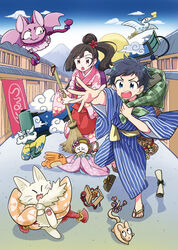  1boy bird black_hair blue_eyes blue_sky broom building character_request cloud day feline female flower goi_(tsukumogami_kashimasu) hair_bun hair_flower hair_ornament holding holding_broom japanese_clothes kimono long_hair long_sleeves mokeo mountain mouse_(animal) nekogami_(tsukumogami_kashimasu) notetsu ohime_(tsukumogami_kashimasu) okou_(tsukumogami_kashimasu) outdoors paper pink_eyes ponytail red_flower rikyou_(tsukumogami_kashimasu) scroll seiji_(tsukumogami_kashimasu) short_hair single_hair_bun sky tsukumogami tsukumogami_kashimasu tsukuyomi_(tsukushima_kashimasu) usagi_(tsukumogami_kashimasu) wide_sleeves 