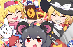  5girls ahoge algodoo alice_margatroid animal_ears arrow_(symbol) bad_id bad_pixiv_id black_headwear blonde_hair blush bow braid candy chainsaw chocolate chocolate_bar closed_eyes closed_mouth colored_skin commentary_request cookie_(touhou) egg flour flour_(cookie) food food-themed_hair_ornament frilled_hairband frills grey_hair grin hair_ornament hairband hairbow hat hat_bow highres ichigo_(cookie) kirisame_marisa knife kumoi_ichirin long_hair milk_(cookie) milk_carton mouse_ears mouse_girl multiple_girls murasa_minamitsu nazrin necktie nyon_(cookie) open_mouth pink_hairband pink_necktie red_bow red_eyes short_hair side_braid single_braid smile strawberry_hair_ornament suzu_(cookie) totozame touhou upper_body white_bow white_skin witch_hat 