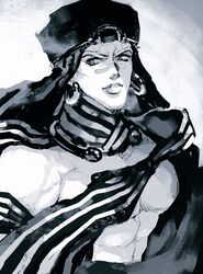  1boy bad_id bad_pixiv_id bare_pectorals battle_tendency blood blood_on_chest chocoblood earrings facial_mark hand_on_own_chest hat highres hoop_earrings horns jewelry jojo_no_kimyou_na_bouken large_pectorals lip_piercing lip_ring male_focus manboobs monochrome muscular muscular_male official_alternate_costume pectorals piercing scarf sepia solo striped_clothes striped_scarf turban unworn_headwear wamuu 