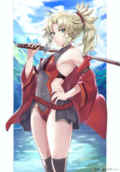  braid breasts cleavage cowboy_shot fate/grand_order fate_(series) female green_eyes hair_ornament hair_scrunchie half_up_braid highres holding holding_sword holding_weapon jacket jacket_on_shoulders katana keisuke_desu~ kneehighs looking_at_viewer mordred_(fate) mordred_(fate/apocrypha) one-piece_swimsuit ponytail red_scrunchie scrunchie small_breasts socks solo swimsuit sword thighs weapon 