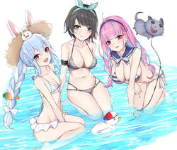  3girls absurdres ahoge animal_ears arm_support balloon between_legs bikini bird black_hair blue_eyes blue_hair blunt_bangs blush bow braid breasts carrot_hair_ornament cleavage closed_mouth collarbone detached_collar duck food-themed_hair_ornament frilled_bikini frills full_body grey_bikini hair_ornament hairband hairbow hairclip hand_between_legs hat highres holding holding_balloon hololive kneeling kneeling_on_liquid large_breasts leaning_forward light_blue_hair long_hair looking_at_viewer md5_mismatch minato_aqua multicolored_hair multiple_girls navel neko_(minato_aqua) oozora_subaru open_mouth orange_eyes parted_lips partially_submerged pekomon_(usada_pekora) pink_hair purple_eyes rabbit_ears rabbit_girl sailor_collar seiza sherryqq short_eyebrows short_hair side-tie_bikini_bottom sitting sitting_on_water skindentation small_breasts smile straw_hat striped_bikini striped_clothes subaru_duck swept_bangs swimsuit thick_eyebrows thigh_gap twin_braids two-tone_hair usada_pekora very_long_hair virtual_youtuber wariza water white_hair 