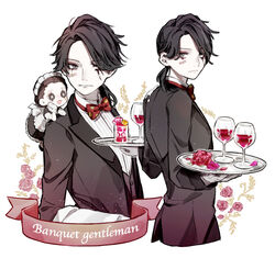  1boy aesop_carl bad_id bad_pixiv_id black_hair bow bowtie button_eyes buttons character_doll cup drinking_glass dual_wielding emily_dyer flower formal gloves hair_over_one_eye holding holding_tray identity_v kouri_(kyorosuukeeeeeee) long_sleeves maid male_focus pale_skin petals ponytail red_bow scar scar_on_face short_ponytail simple_background suit traditional_bowtie tray waiter white_background white_gloves wine_glass 