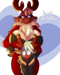  anthro antlers bell big_breasts bodily_fluids breasts cleavage clothed clothing deer dialogue duo english_text female glowing glowing_eyes hi_res horn huge_breasts male mammal new_world_deer red_nose reindeer rudolph_the_red-nosed_reindeer solratic sweat text vixen_(reindeer) wide_hips worried 