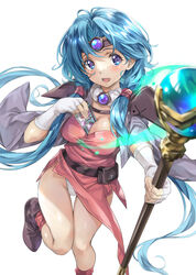  :d between_breasts black_footwear blue_hair boots breasts circlet female fingerless_gloves gem gloves haou_taikei_ryuu_knight highres holding holding_staff large_breasts light_blue_hair long_hair low_twintails nagayori orb paffy_pafuricia panties pantyshot purple_eyes red_socks simple_background smile socks solo staff twintails underwear very_long_hair white_background white_gloves white_panties 