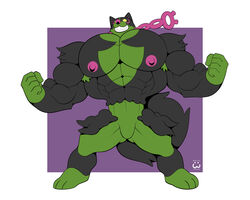  3_toes 5:4 abs absurd_res anthro armpit_hair big_muscles big_pecs black_body black_fur body_hair canid canine feet fist flexing fur generation_9_pokemon green_body green_fur hi_res legendary_pokemon looking_down male mammal multicolored_body multicolored_fur muscular nintendo nipples okidogi pecs pink_nipples pink_nose pokemon pokemon_(species) sharp_teeth signature solo standing teeth toes two_tone_body two_tone_fur wolfiecanem yellow_sclera 