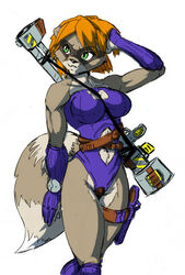  2007 altruistic_complex anthro ayame_(zillford) belt black_nose blonde_hair breasts cleavage clothed clothing eyebrows eyelashes female fluffy fluffy_tail fur green_hair gun hair looking_away mammal navel procyonid raccoon ranged_weapon rifle simple_background sniper_rifle solo tail traditional_media_(artwork) weapon white_background zillford 