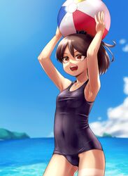  alternate_costume armpits arms_up ball beachball black_one-piece_swimsuit blue_sky breasts brown_eyes brown_hair cloud covered_navel cowboy_shot day female highres holding holding_ball holding_beachball kantai_collection ohaduke one-piece_swimsuit outdoors ponytail school_swimsuit shikinami_(kancolle) sky small_breasts solo standing swimsuit 