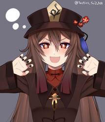  :d black_nails brown_hair chinese_clothes claw_pose commentary female flower genshin_impact hair_between_eyes hat hat_flower hat_ornament hu_tao_(genshin_impact) jewelry long_hair long_sleeves looking_at_viewer open_mouth red_eyes ring sidelocks simple_background smile solo suzuna_(najaran) symbol-shaped_pupils twintails twitter_username 