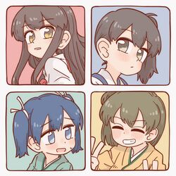  4girls akagi_(kancolle) blue_eyes blue_hair blush bocchi-ya-nawi brown_hair closed_mouth double_v grin hair_ribbon highres hiryuu_(kancolle) japanese_clothes kaga_(kancolle) kantai_collection long_hair multiple_girls muneate one_side_up open_mouth ponytail ribbon short_hair side_ponytail simple_background smile souryuu_(kancolle) sweat tasuki twintails v 