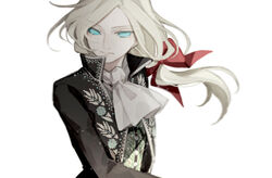  1boy ascot bad_id bad_pixiv_id black_suit blue_eyes blue_sclera bow colored_sclera formal hairbow identity_v joseph_desaulniers kouri_(kyorosuukeeeeeee) male_focus pale_skin red_bow simple_background solid_eyes solo suit upper_body white_ascot white_background white_hair 