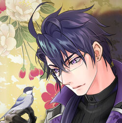  1boy ahoge bird bird_on_hand black_gloves black_shirt flower glasses gloves hair_between_eyes jacket looking_at_animal male_focus mutoyuta nikkou_ichimonji_(touken_ranbu) piercing ponytail purple_eyes purple_hair red_flower shirt tit_(bird) touken_ranbu white_flower 