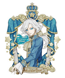  1boy ascot bad_id bad_pixiv_id blue_eyes blue_sclera bow character_name colored_sclera gold_trim hairbow identity_v joseph_desaulniers kouri_(kyorosuukeeeeeee) long_hair long_sleeves looking_at_viewer male_focus no_pupils ponytail solid_eyes solo star_(symbol) upper_body white_background white_hair 