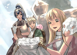  1boy 2girls :3 absurdres animal_ears animal_on_shoulder apron armor backpack bad_id bad_pixiv_id bag black_hair blonde_hair blossom_(ragnarok_online) breastplate breasts brown_dress brown_gloves cat_ears chinese_commentary clipboard closed_mouth commentary_request dress gloves green_shirt highres holding holding_clipboard holding_clothes kafra_uniform large_breasts long_hair looking_at_another lunatic_(ragnarok_online) maid maid_headdress multiple_girls novice_(ragnarok_online) open_mouth ponytail poring pupuddddy rabbit ragnarok_online shirt short_hair upper_body waist_apron white_apron white_gloves yellow_eyes 