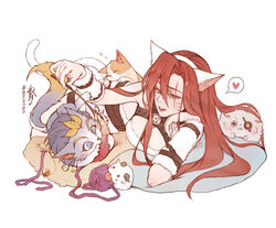  animal_ears arm_warmers artist_name ball bare_shoulders bebseo bell belt black_belt cat_ears cat_tail claws english_commentary facial_mark fake_animal_ears feline female hand_on_own_cheek hand_on_own_face heart katarina_(league_of_legends) kitty_cat_katarina league_of_legends lying on_side parted_lips pillow poro_(league_of_legends) red_hair scar scar_across_eye simple_background sleeveless tail whisker_markings white_background yarn yarn_ball yellow_eyes yuumi_(league_of_legends) 