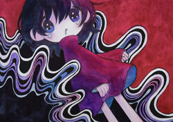  abstract_background black_hair blue_eyes drooling feet_out_of_frame female hair_between_eyes long_sleeves looking_at_viewer original red_shirt shirt short_hair solo tears zukky000 